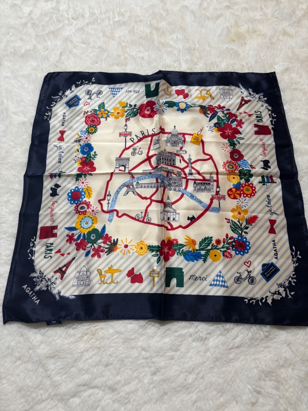 Paris Floral Silk-Feel Scarf in Navy and Cream